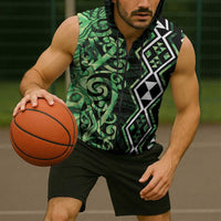 Green Aotearoa Sleeveless Zip Hoodie Taniko Motifs With Paua Shell Kowhaiwhai - Polynesian Pride