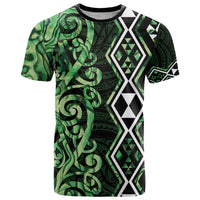 Green Aotearoa T Shirt Taniko Motifs With Paua Shell Kowhaiwhai