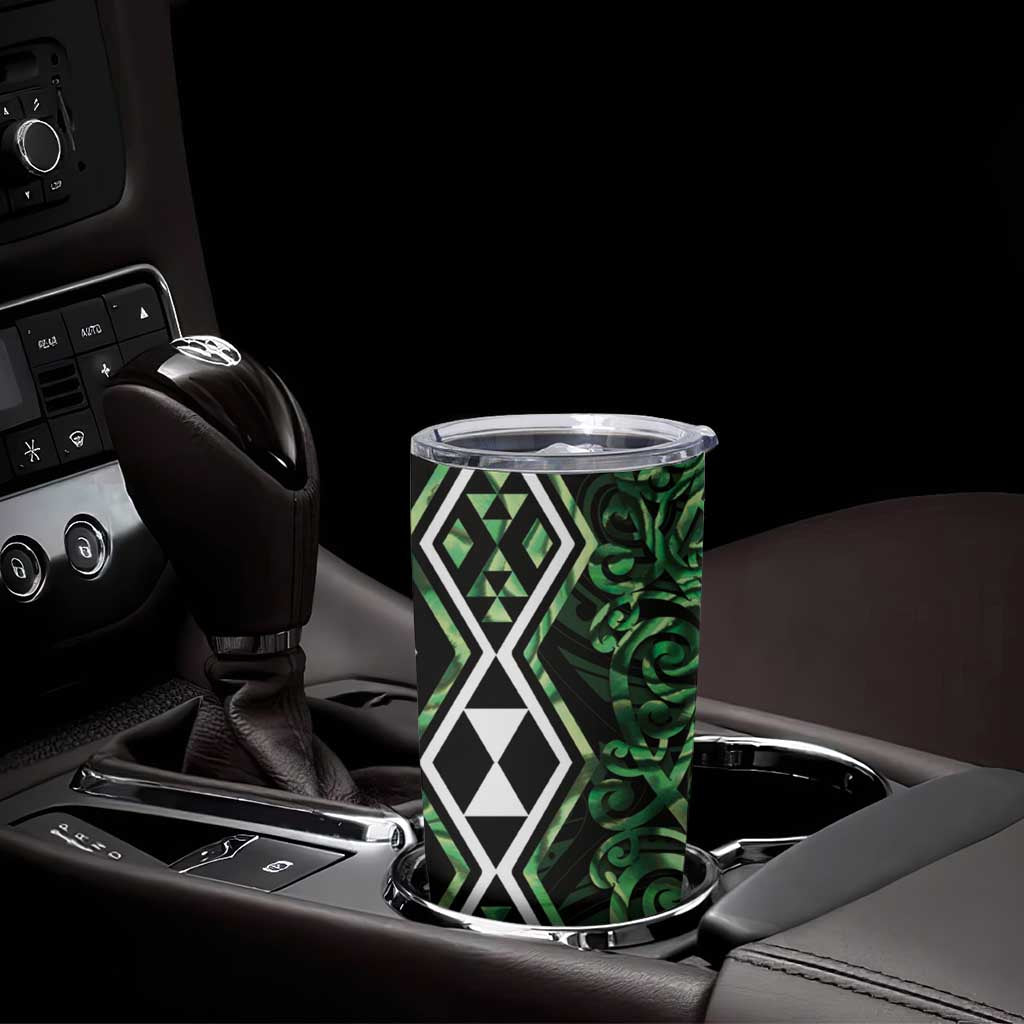 Green Aotearoa Tumbler Cup Taniko Motifs With Paua Shell Kowhaiwhai