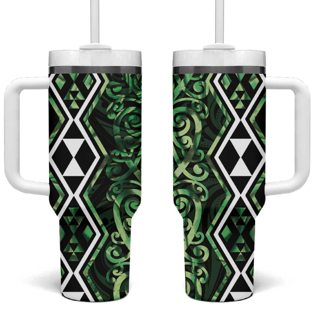 Green Aotearoa Tumbler With Handle Taniko Motifs With Paua Shell Kowhaiwhai