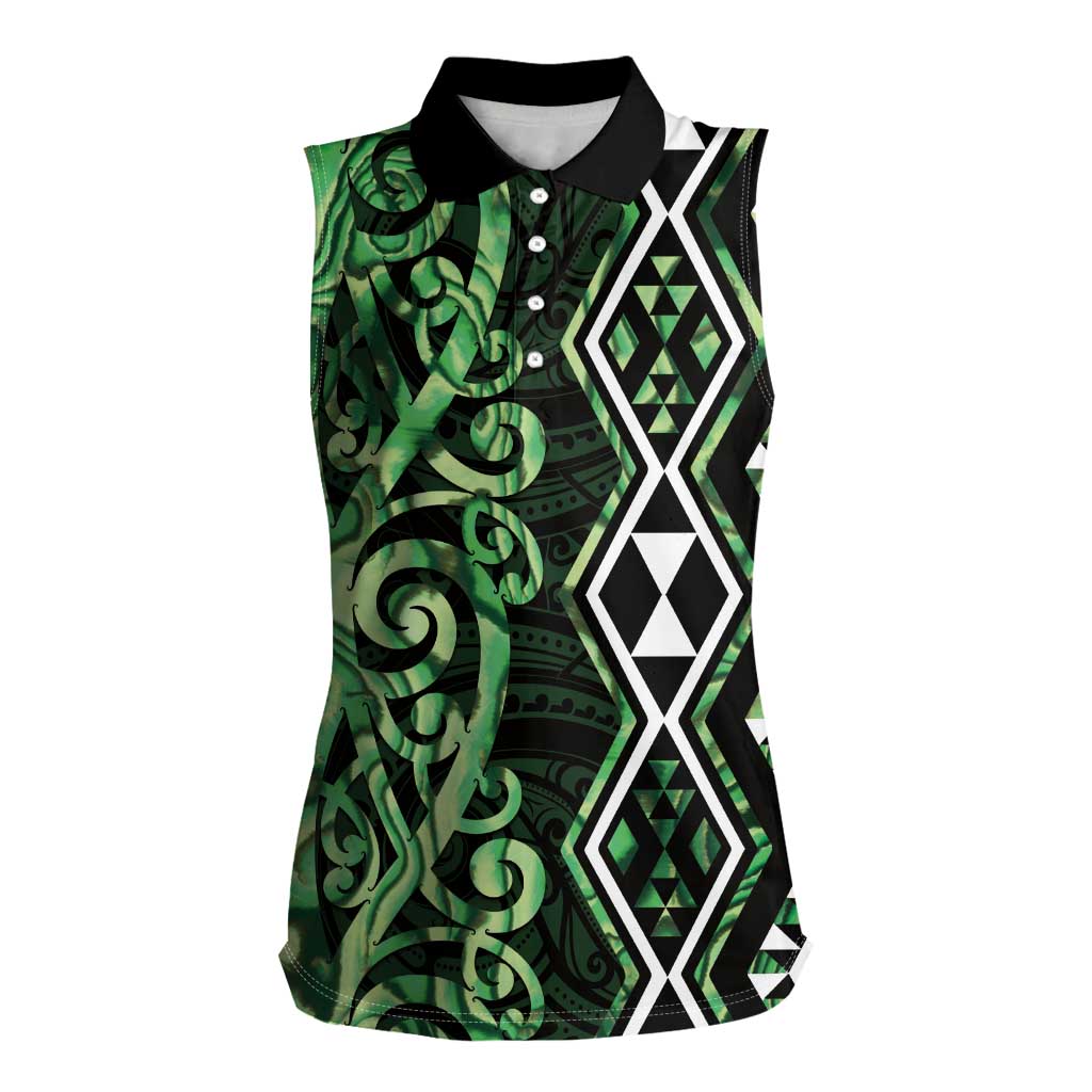 Green Aotearoa Women Sleeveless Polo Shirt Taniko Motifs With Paua Shell Kowhaiwhai
