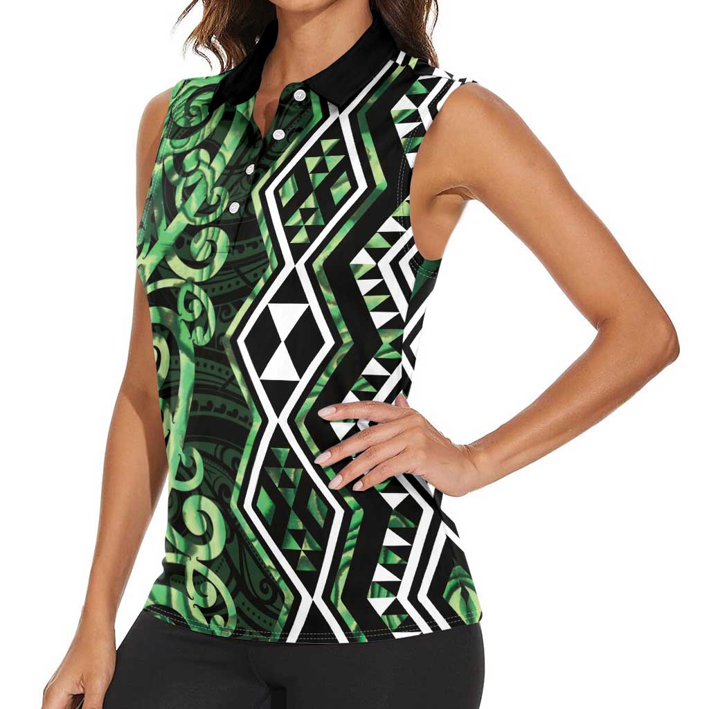 Green Aotearoa Women Sleeveless Polo Shirt Taniko Motifs With Paua Shell Kowhaiwhai