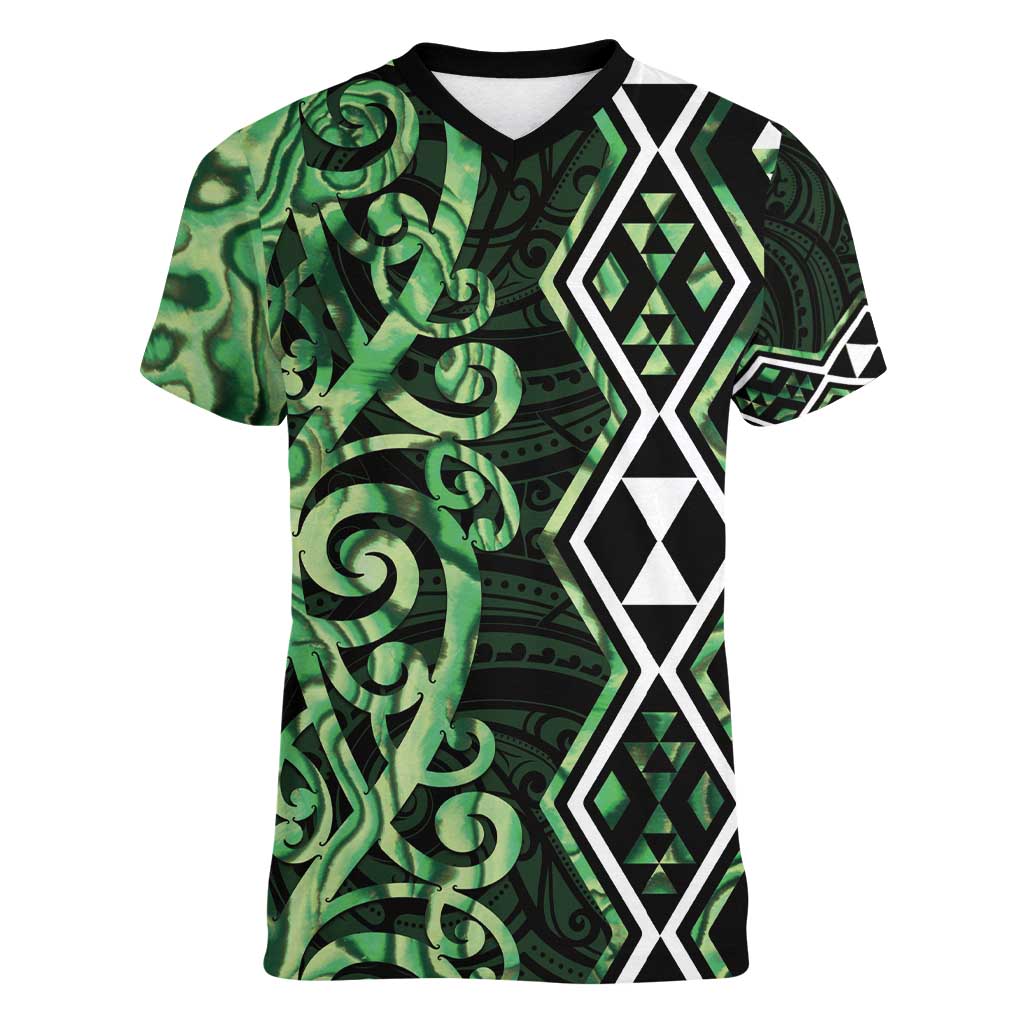 Green Aotearoa Women V-Neck T-Shirt Taniko Motifs With Paua Shell Kowhaiwhai