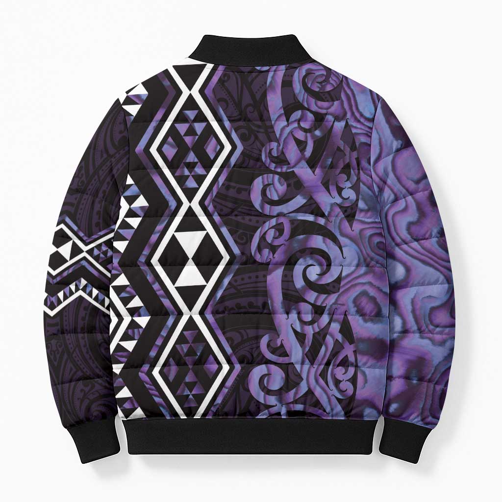 Purple Aotearoa Bomber Puffer Jacket Taniko Motifs With Paua Shell Kowhaiwhai - Polynesian Pride