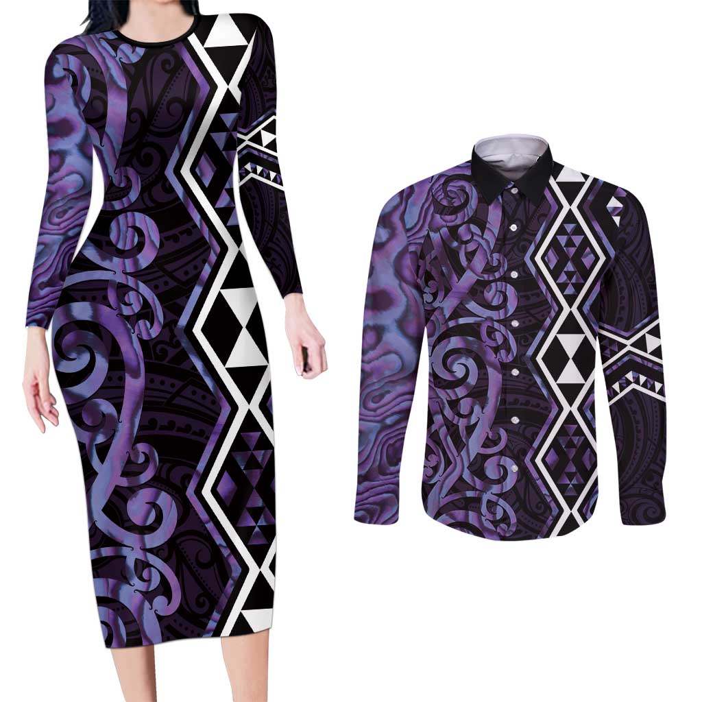 Purple Aotearoa Couples Matching Long Sleeve Bodycon Dress and Long Sleeve Button Shirt Taniko Motifs With Paua Shell Kowhaiwhai LT14 Purple - Polynesian Pride