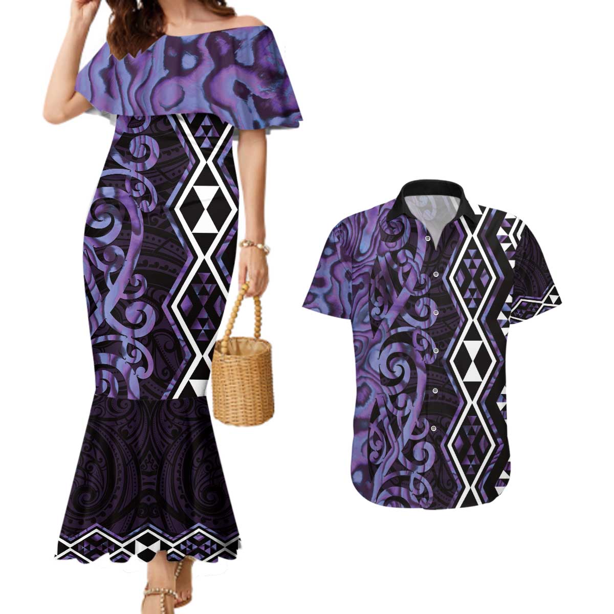 Purple Aotearoa Couples Matching Mermaid Dress and Hawaiian Shirt Taniko Motifs With Paua Shell Kowhaiwhai LT14 Purple - Polynesian Pride