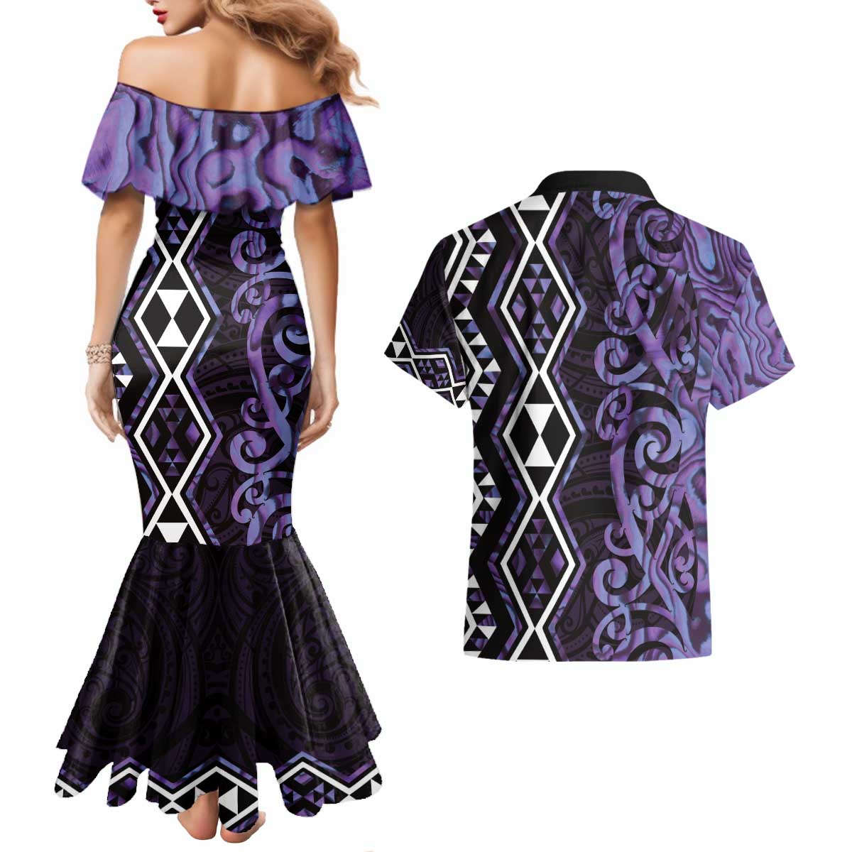 Purple Aotearoa Couples Matching Mermaid Dress and Hawaiian Shirt Taniko Motifs With Paua Shell Kowhaiwhai LT14 - Polynesian Pride