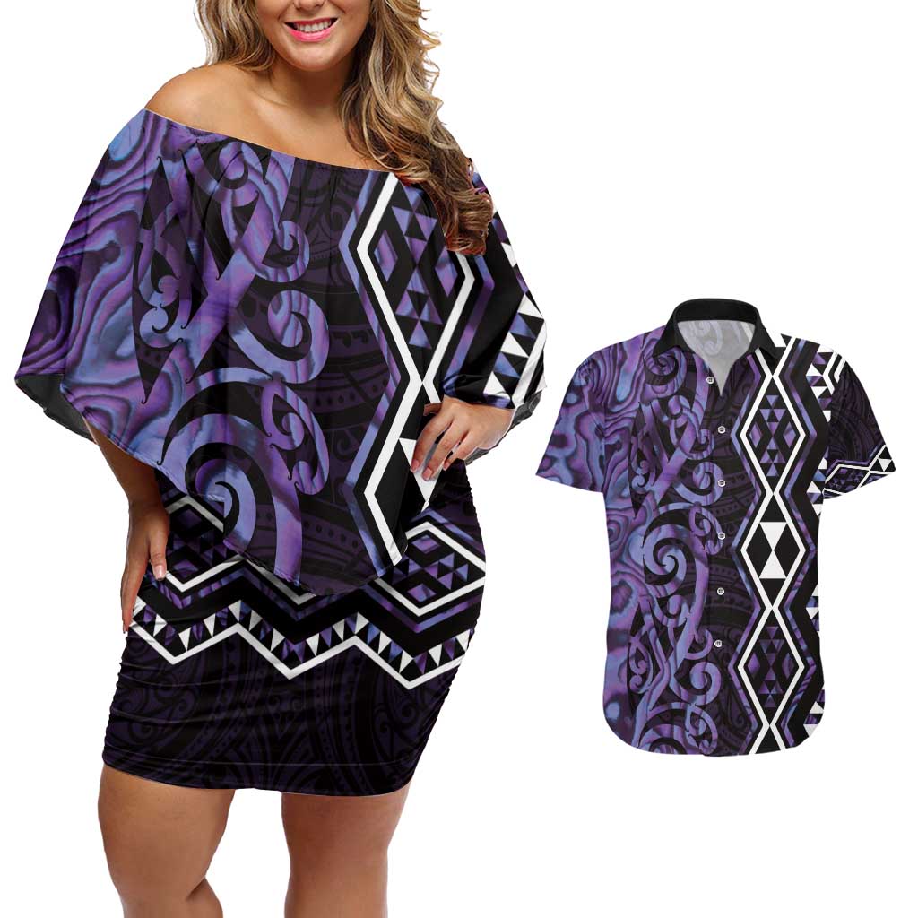 Purple Aotearoa Couples Matching Off Shoulder Short Dress and Hawaiian Shirt Taniko Motifs With Paua Shell Kowhaiwhai LT14 Purple - Polynesian Pride