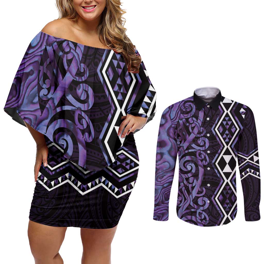 Purple Aotearoa Couples Matching Off Shoulder Short Dress and Long Sleeve Button Shirt Taniko Motifs With Paua Shell Kowhaiwhai LT14 Purple - Polynesian Pride