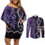 Purple Aotearoa Couples Matching Off Shoulder Short Dress and Long Sleeve Button Shirt Taniko Motifs With Paua Shell Kowhaiwhai