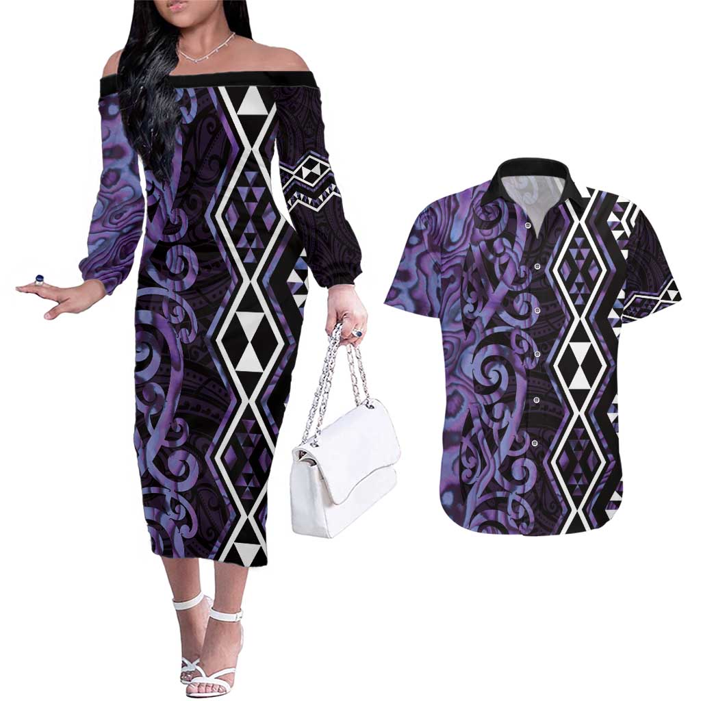 Purple Aotearoa Couples Matching Off The Shoulder Long Sleeve Dress and Hawaiian Shirt Taniko Motifs With Paua Shell Kowhaiwhai LT14 Purple - Polynesian Pride