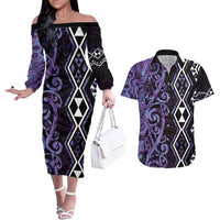 Purple Aotearoa Couples Matching Off The Shoulder Long Sleeve Dress and Hawaiian Shirt Taniko Motifs With Paua Shell Kowhaiwhai LT14 Purple - Polynesian Pride
