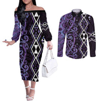 Purple Aotearoa Couples Matching Off The Shoulder Long Sleeve Dress and Long Sleeve Button Shirt Taniko Motifs With Paua Shell Kowhaiwhai LT14 Purple - Polynesian Pride