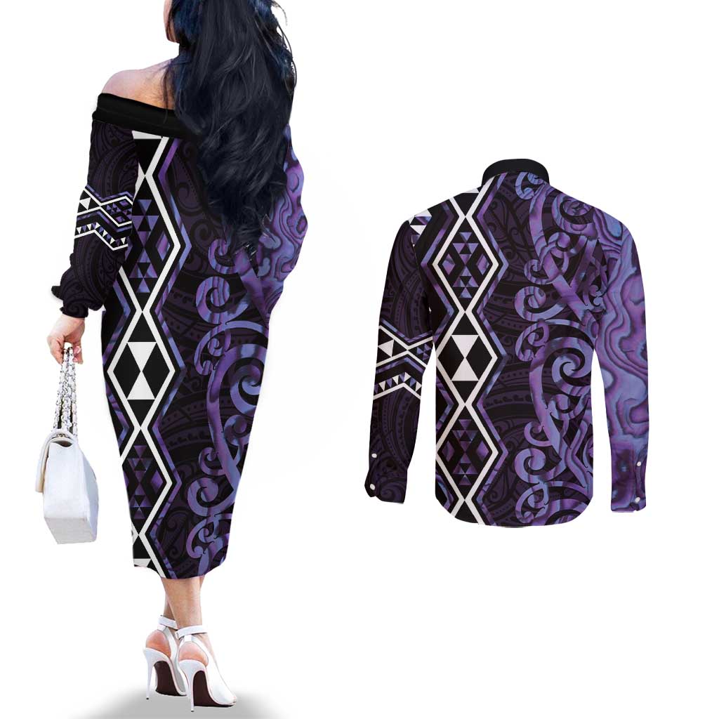 Purple Aotearoa Couples Matching Off The Shoulder Long Sleeve Dress and Long Sleeve Button Shirt Taniko Motifs With Paua Shell Kowhaiwhai LT14 - Polynesian Pride