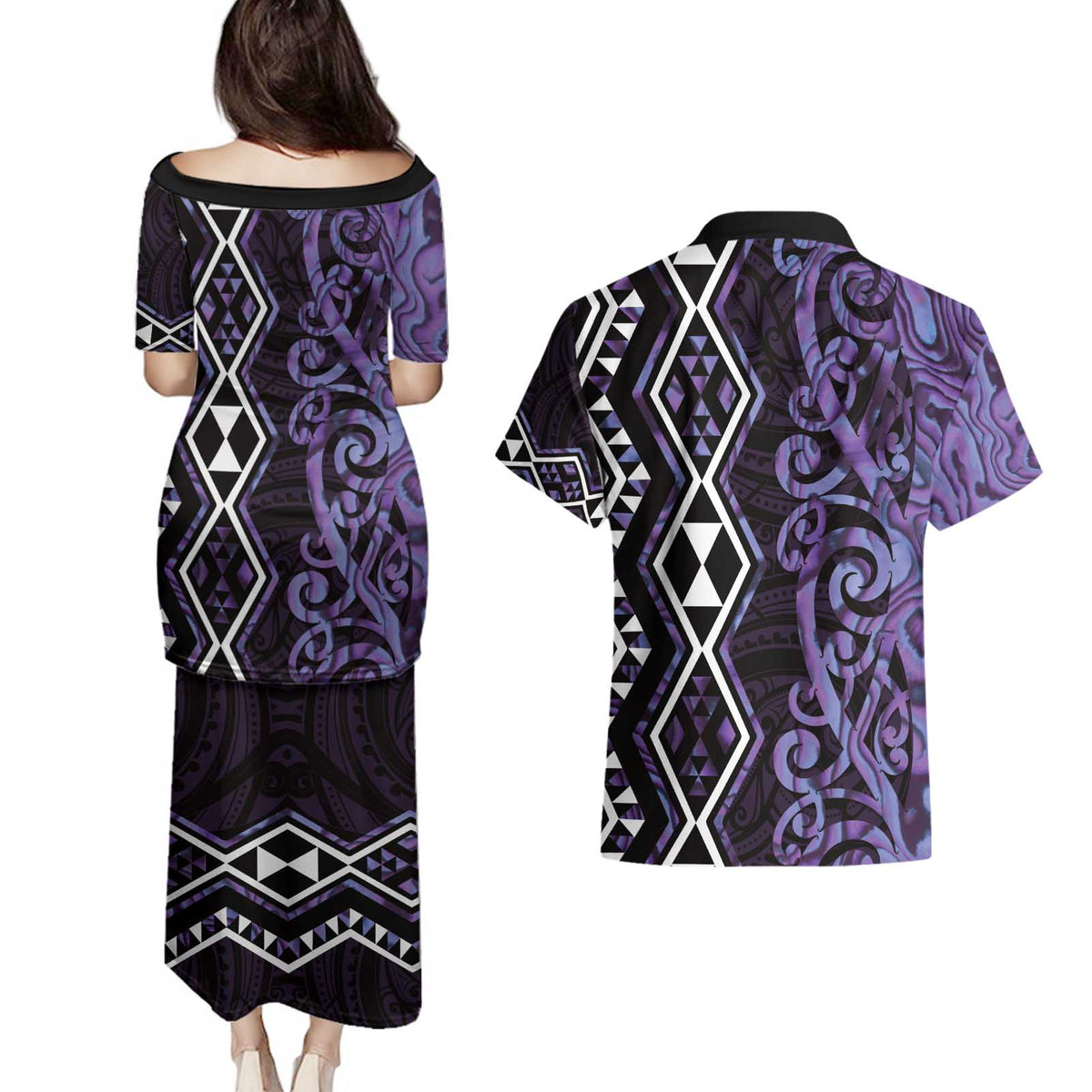 Purple Aotearoa Couples Matching Puletasi and Hawaiian Shirt Taniko Motifs With Paua Shell Kowhaiwhai