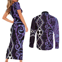 Purple Aotearoa Couples Matching Short Sleeve Bodycon Dress and Long Sleeve Button Shirt Taniko Motifs With Paua Shell Kowhaiwhai LT14 - Polynesian Pride