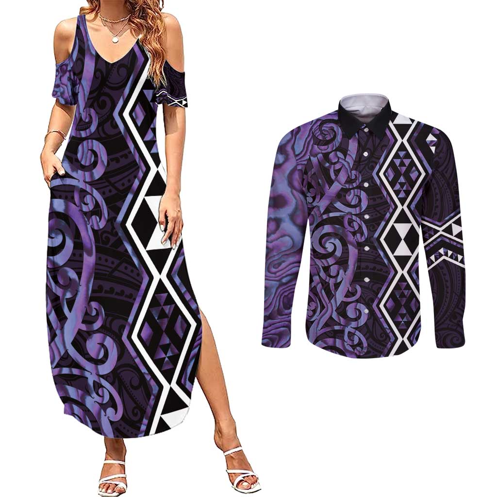 Purple Aotearoa Couples Matching Summer Maxi Dress and Long Sleeve Button Shirt Taniko Motifs With Paua Shell Kowhaiwhai LT14 Purple - Polynesian Pride
