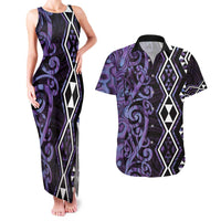 Purple Aotearoa Couples Matching Tank Maxi Dress and Hawaiian Shirt Taniko Motifs With Paua Shell Kowhaiwhai LT14 Purple - Polynesian Pride