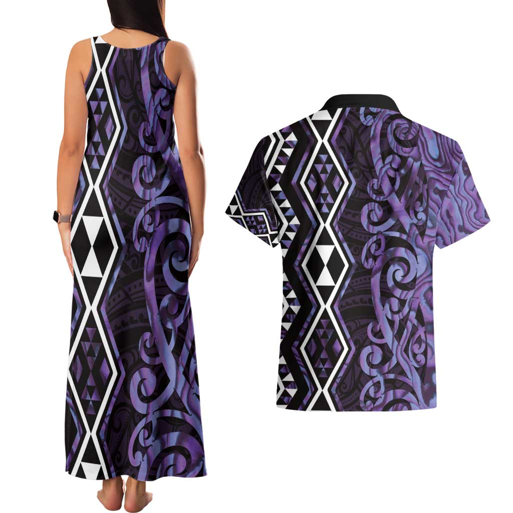 Purple Aotearoa Couples Matching Tank Maxi Dress and Hawaiian Shirt Taniko Motifs With Paua Shell Kowhaiwhai LT14 - Polynesian Pride
