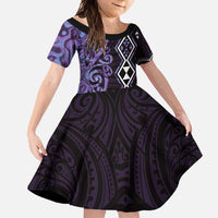 Purple Aotearoa Family Matching Long Sleeve Bodycon Dress and Hawaiian Shirt Taniko Motifs With Paua Shell Kowhaiwhai LT14 Daughter's Dress Purple - Polynesian Pride
