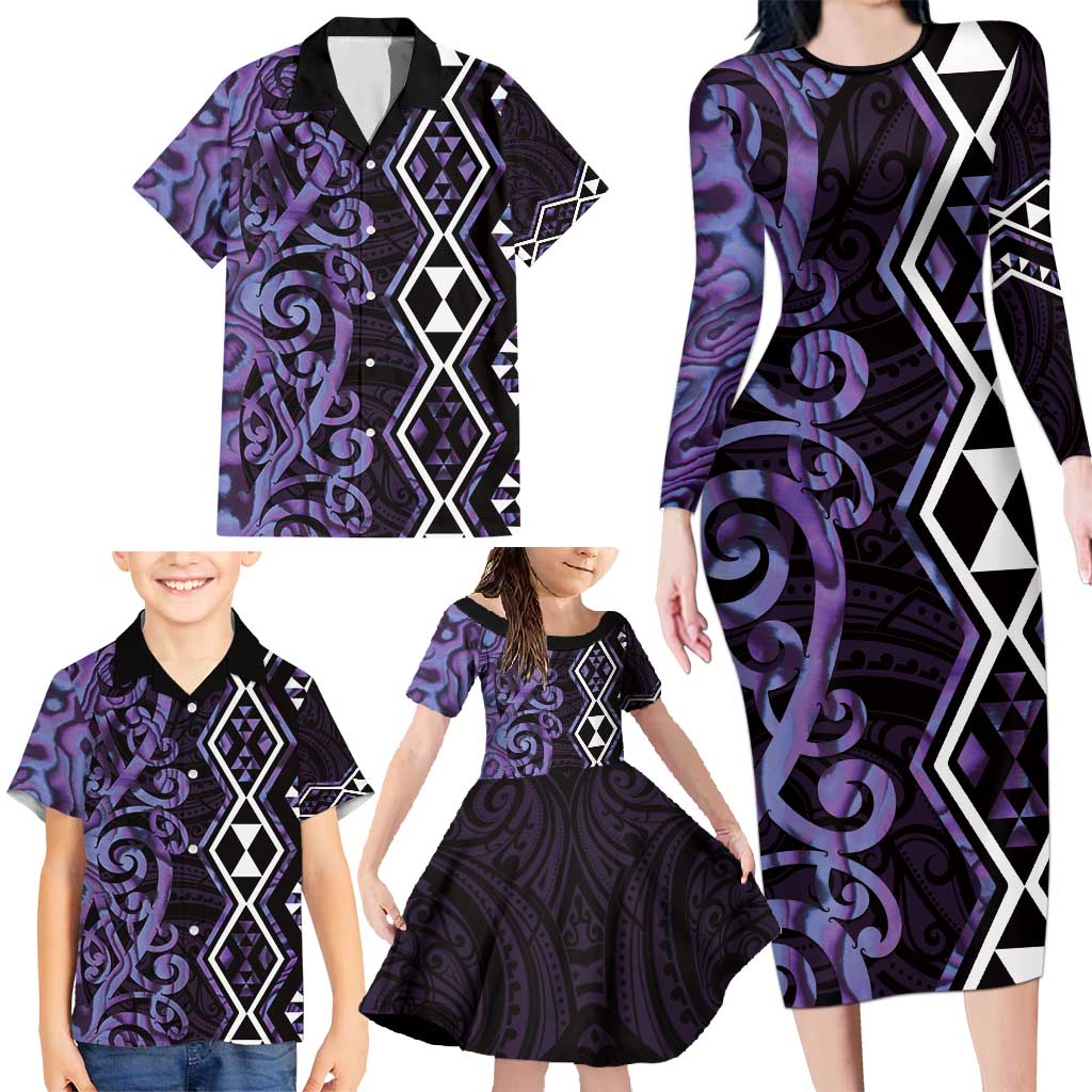 Purple Aotearoa Family Matching Long Sleeve Bodycon Dress and Hawaiian Shirt Taniko Motifs With Paua Shell Kowhaiwhai LT14 - Polynesian Pride