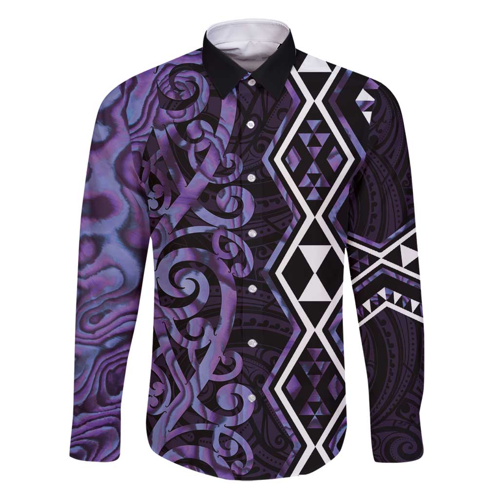 Purple Aotearoa Family Matching Long Sleeve Bodycon Dress and Hawaiian Shirt Taniko Motifs With Paua Shell Kowhaiwhai LT14 Dad's Shirt - Long Sleeve Purple - Polynesian Pride