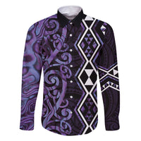Purple Aotearoa Family Matching Long Sleeve Bodycon Dress and Hawaiian Shirt Taniko Motifs With Paua Shell Kowhaiwhai LT14 Dad's Shirt - Long Sleeve Purple - Polynesian Pride