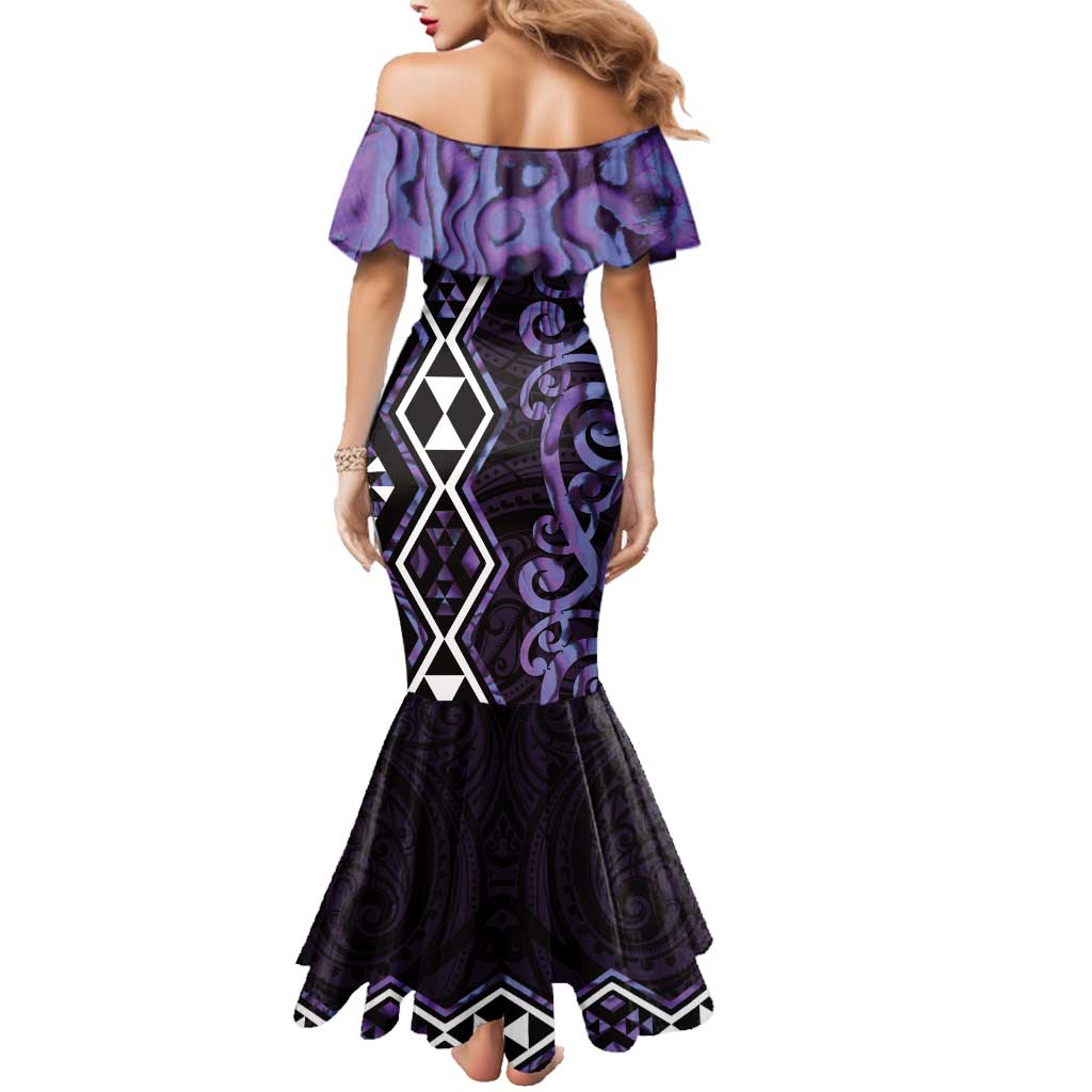 Purple Aotearoa Family Matching Mermaid Dress and Hawaiian Shirt Taniko Motifs With Paua Shell Kowhaiwhai LT14 - Polynesian Pride