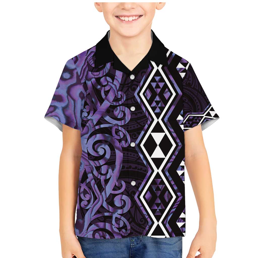 Purple Aotearoa Family Matching Mermaid Dress and Hawaiian Shirt Taniko Motifs With Paua Shell Kowhaiwhai LT14 Son's Shirt Purple - Polynesian Pride