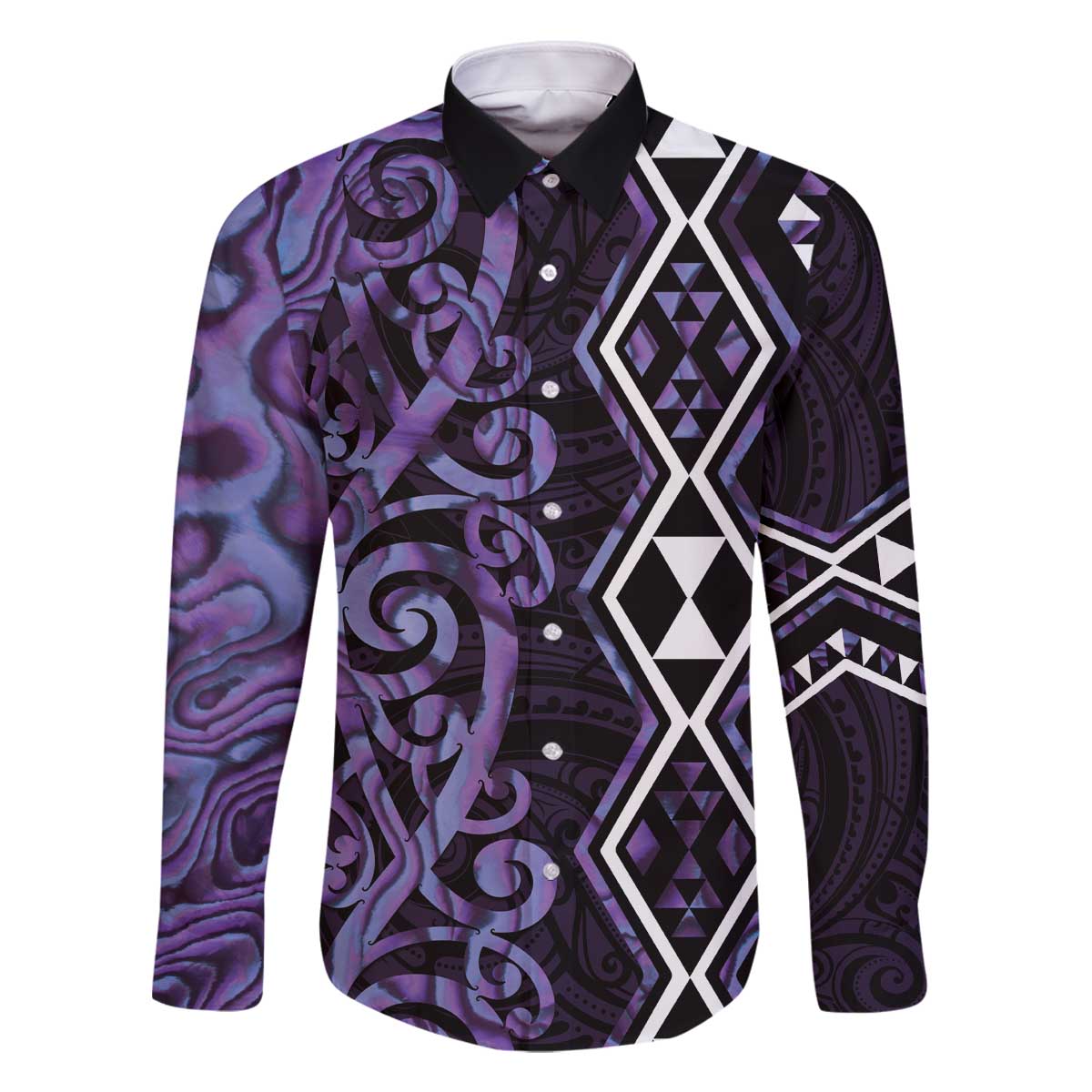 Purple Aotearoa Family Matching Off The Shoulder Long Sleeve Dress and Hawaiian Shirt Taniko Motifs With Paua Shell Kowhaiwhai LT14 Dad's Shirt - Long Sleeve Purple - Polynesian Pride