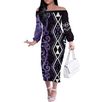 Purple Aotearoa Family Matching Off The Shoulder Long Sleeve Dress and Hawaiian Shirt Taniko Motifs With Paua Shell Kowhaiwhai LT14 Mom's Dress Purple - Polynesian Pride