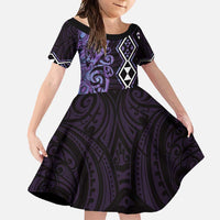 Purple Aotearoa Family Matching Off Shoulder Maxi Dress and Hawaiian Shirt Taniko Motifs With Paua Shell Kowhaiwhai LT14 Daughter's Dress Purple - Polynesian Pride
