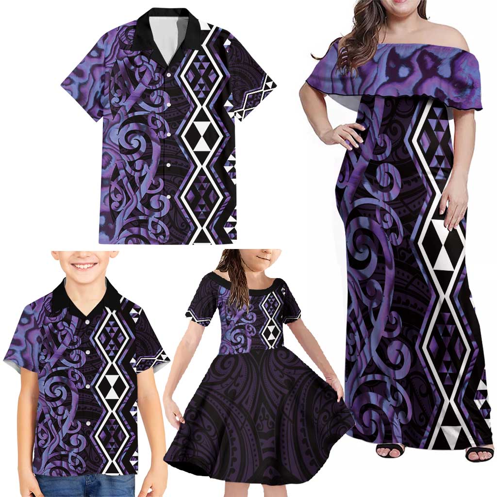 Purple Aotearoa Family Matching Off Shoulder Maxi Dress and Hawaiian Shirt Taniko Motifs With Paua Shell Kowhaiwhai LT14 - Polynesian Pride