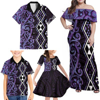 Purple Aotearoa Family Matching Off Shoulder Maxi Dress and Hawaiian Shirt Taniko Motifs With Paua Shell Kowhaiwhai LT14 - Polynesian Pride