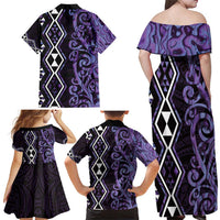 Purple Aotearoa Family Matching Off Shoulder Maxi Dress and Hawaiian Shirt Taniko Motifs With Paua Shell Kowhaiwhai LT14 - Polynesian Pride