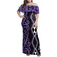 Purple Aotearoa Family Matching Off Shoulder Maxi Dress and Hawaiian Shirt Taniko Motifs With Paua Shell Kowhaiwhai LT14 Mom's Dress Purple - Polynesian Pride