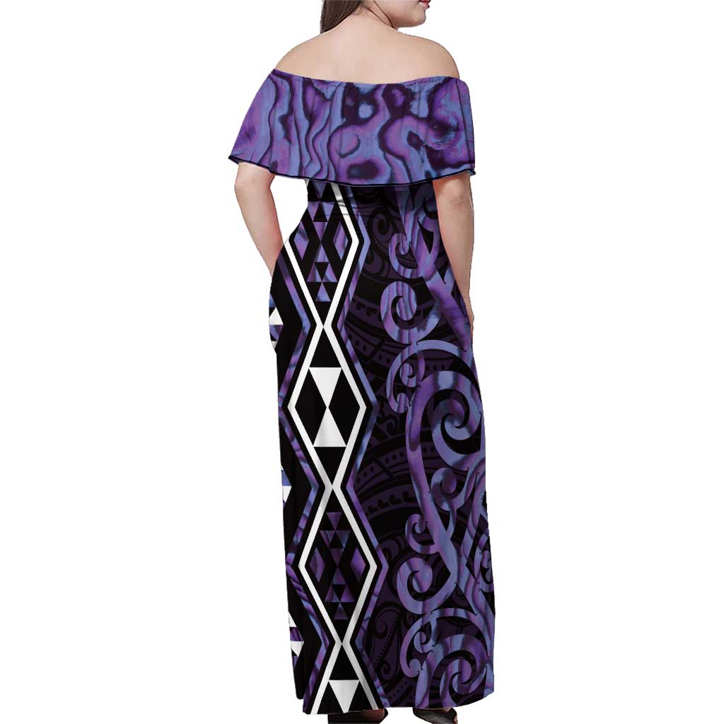 Purple Aotearoa Family Matching Off Shoulder Maxi Dress and Hawaiian Shirt Taniko Motifs With Paua Shell Kowhaiwhai LT14 - Polynesian Pride