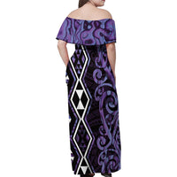 Purple Aotearoa Family Matching Off Shoulder Maxi Dress and Hawaiian Shirt Taniko Motifs With Paua Shell Kowhaiwhai LT14 - Polynesian Pride
