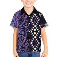 Purple Aotearoa Family Matching Off Shoulder Maxi Dress and Hawaiian Shirt Taniko Motifs With Paua Shell Kowhaiwhai LT14 Son's Shirt Purple - Polynesian Pride