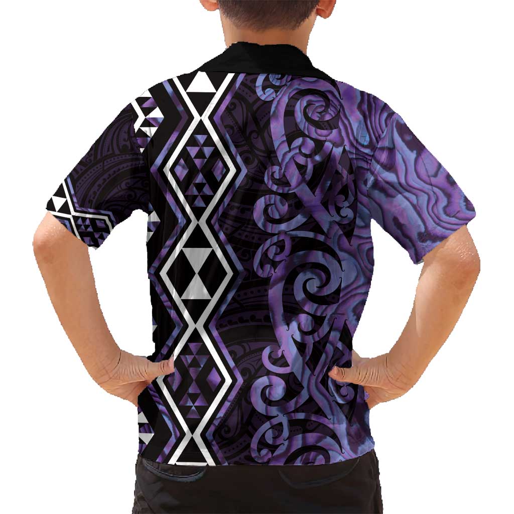 Purple Aotearoa Family Matching Off Shoulder Short Dress and Hawaiian Shirt Taniko Motifs With Paua Shell Kowhaiwhai LT14 - Polynesian Pride