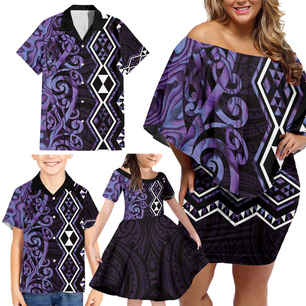 Purple Aotearoa Family Matching Off Shoulder Short Dress and Hawaiian Shirt Taniko Motifs With Paua Shell Kowhaiwhai LT14 - Polynesian Pride