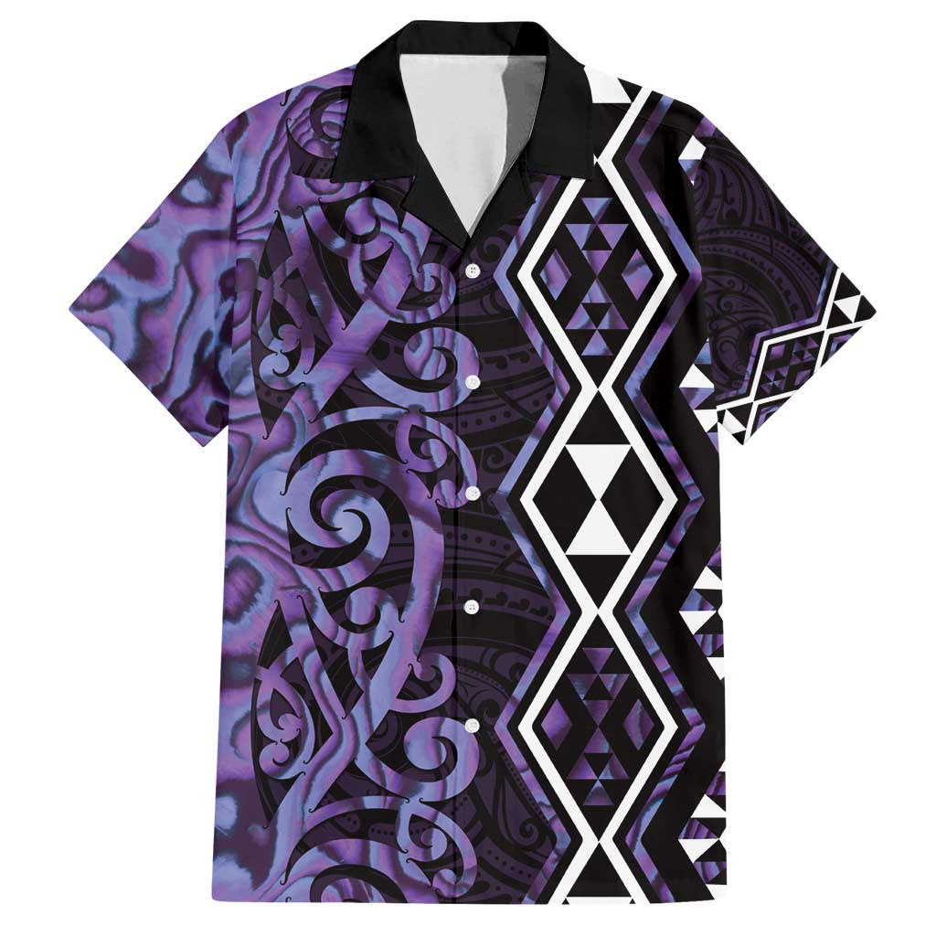 Purple Aotearoa Family Matching Off Shoulder Short Dress and Hawaiian Shirt Taniko Motifs With Paua Shell Kowhaiwhai LT14 Dad's Shirt - Short Sleeve Purple - Polynesian Pride