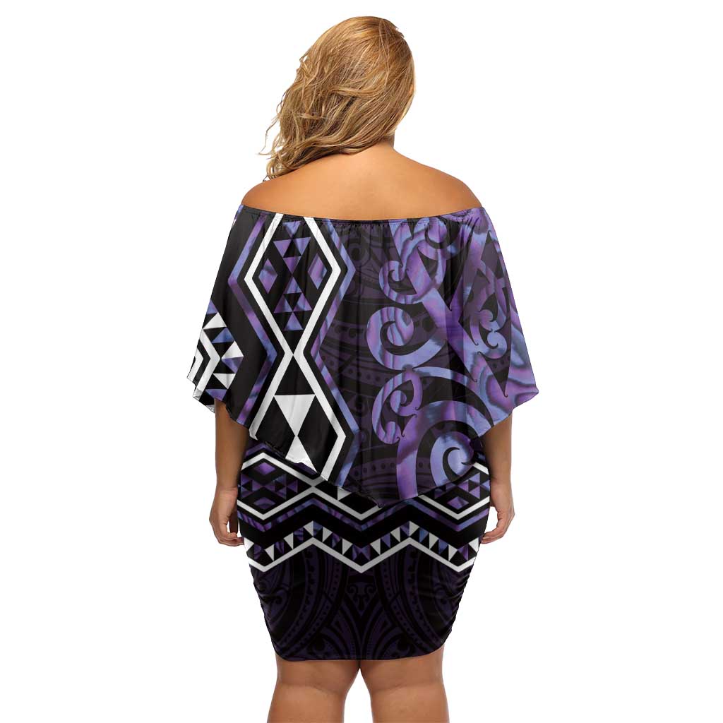 Purple Aotearoa Family Matching Off Shoulder Short Dress and Hawaiian Shirt Taniko Motifs With Paua Shell Kowhaiwhai LT14 - Polynesian Pride