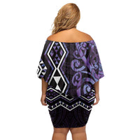 Purple Aotearoa Family Matching Off Shoulder Short Dress and Hawaiian Shirt Taniko Motifs With Paua Shell Kowhaiwhai LT14 - Polynesian Pride