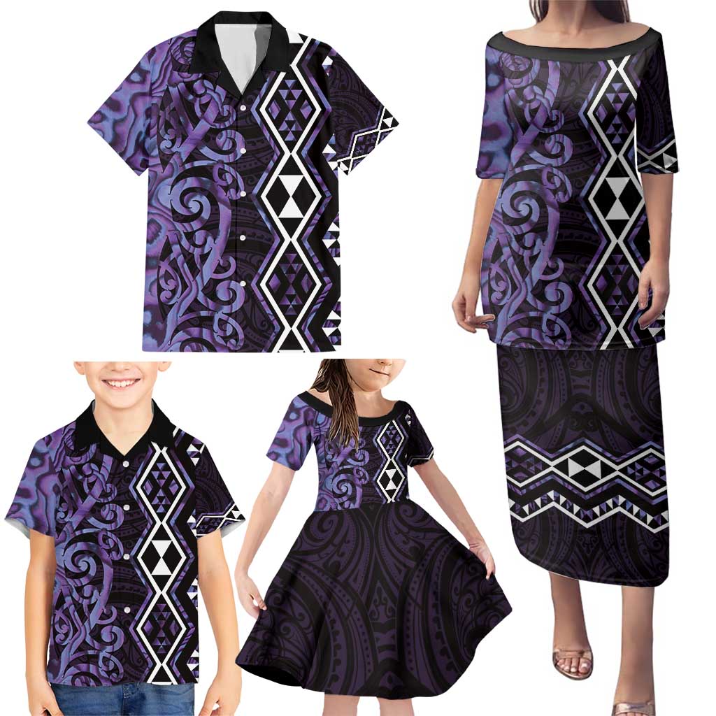 Purple Aotearoa Family Matching Puletasi and Hawaiian Shirt Taniko Motifs With Paua Shell Kowhaiwhai LT14 - Polynesian Pride
