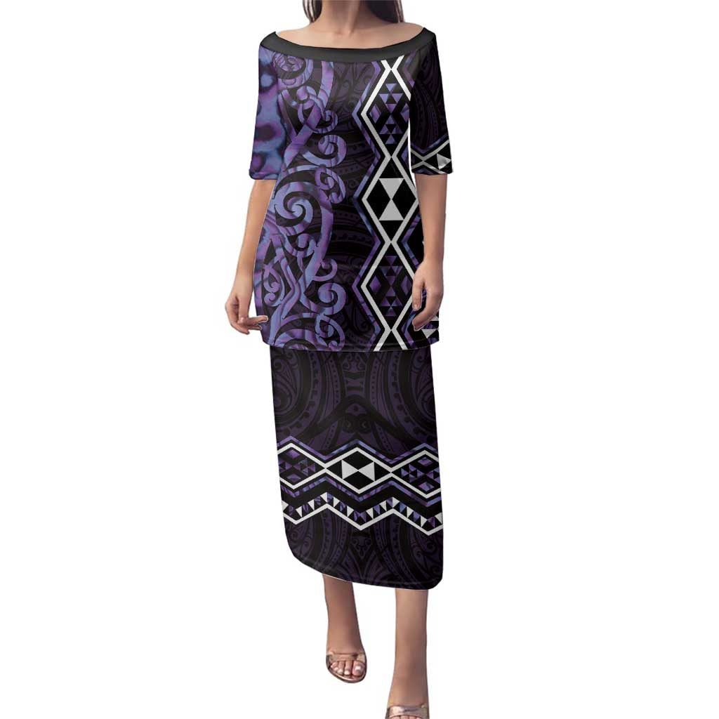 Purple Aotearoa Family Matching Puletasi and Hawaiian Shirt Taniko Motifs With Paua Shell Kowhaiwhai LT14 Mom's Dress Purple - Polynesian Pride