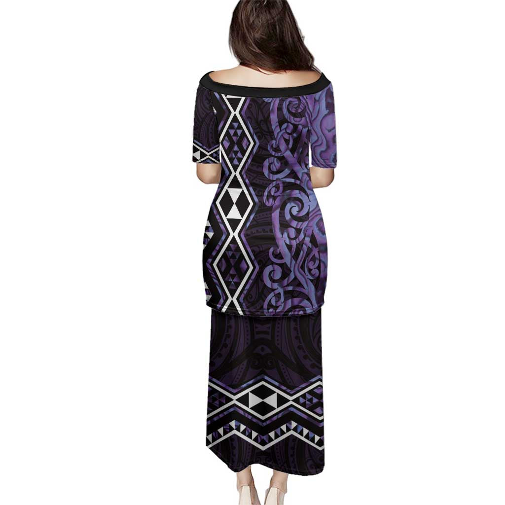 Purple Aotearoa Family Matching Puletasi and Hawaiian Shirt Taniko Motifs With Paua Shell Kowhaiwhai LT14 - Polynesian Pride