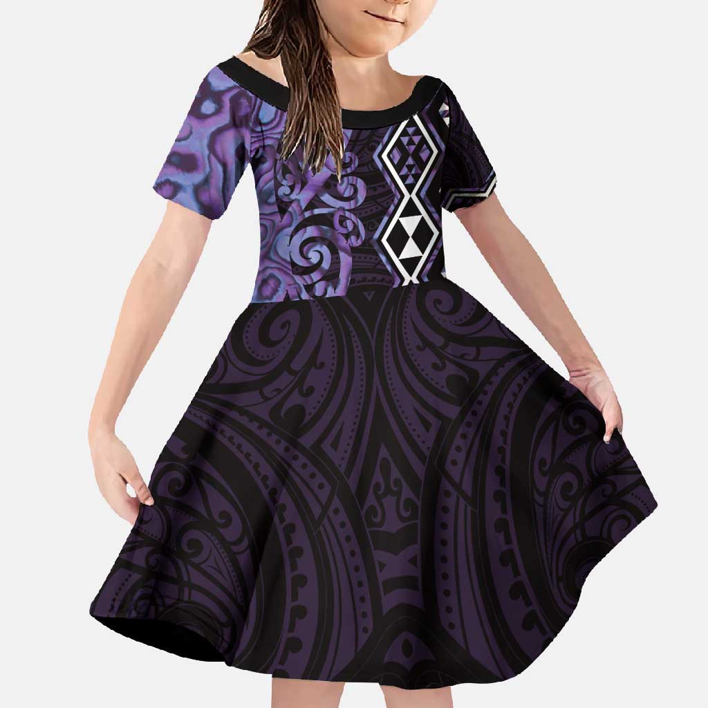 Purple Aotearoa Family Matching Short Sleeve Bodycon Dress and Hawaiian Shirt Taniko Motifs With Paua Shell Kowhaiwhai LT14 Daughter's Dress Purple - Polynesian Pride