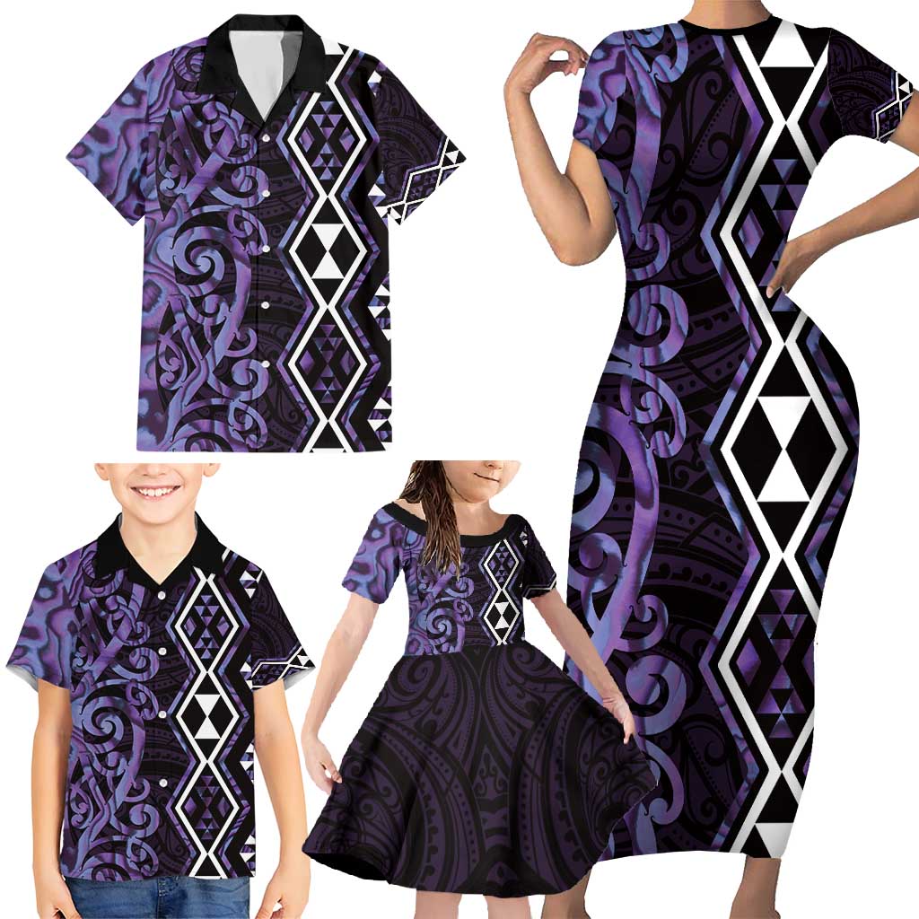 Purple Aotearoa Family Matching Short Sleeve Bodycon Dress and Hawaiian Shirt Taniko Motifs With Paua Shell Kowhaiwhai LT14 - Polynesian Pride