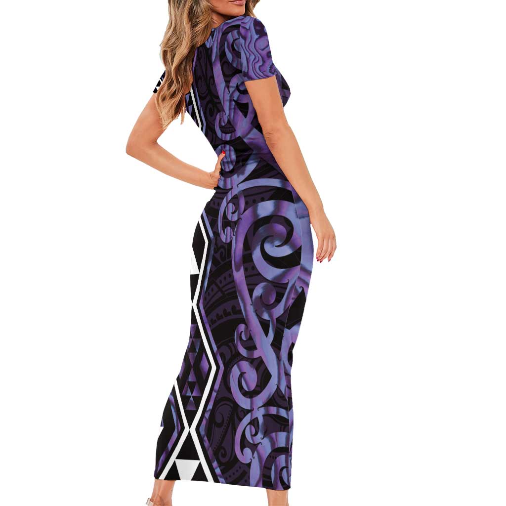 Purple Aotearoa Family Matching Short Sleeve Bodycon Dress and Hawaiian Shirt Taniko Motifs With Paua Shell Kowhaiwhai LT14 - Polynesian Pride